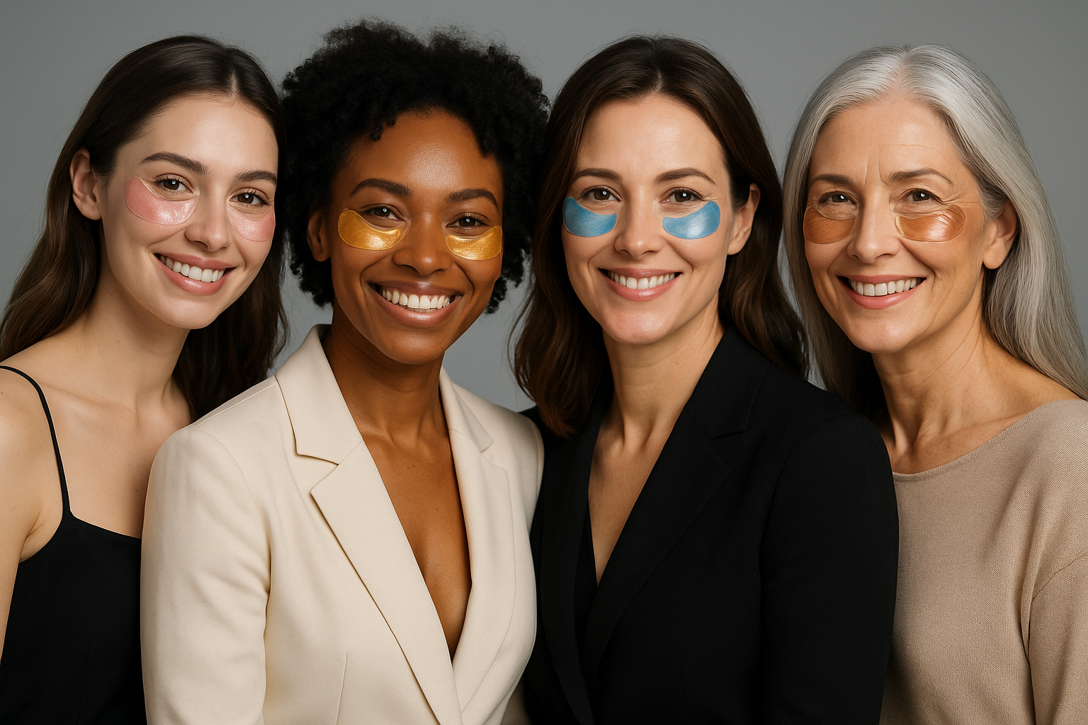 Je veux que tu me génère une photo de mannequin de plusieurs origine différentes je veux que ça soit des femmes souriante , habiller sur fond gris portant des patch anti cernes rose transparent jaune transparent bleu transparent et bronze transparent je veux quelque chose de vraiment pro de différente tranche d'age de 18 ans à 60 ans 