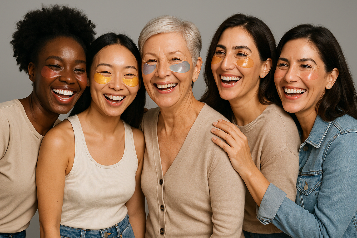 Je veux que tu me génère une photo de mannequin de plusieurs origine différentes je veux que ça soit des femmes souriante , habiller sur fond gris portant des patch anti cernes rose transparent jaune transparent bleu transparent et bronze transparent je veux quelque chose de vraiment pro je veux plusieurs tranche d'age de 18 à 60 ans et qu'il s'amuse ensemble 