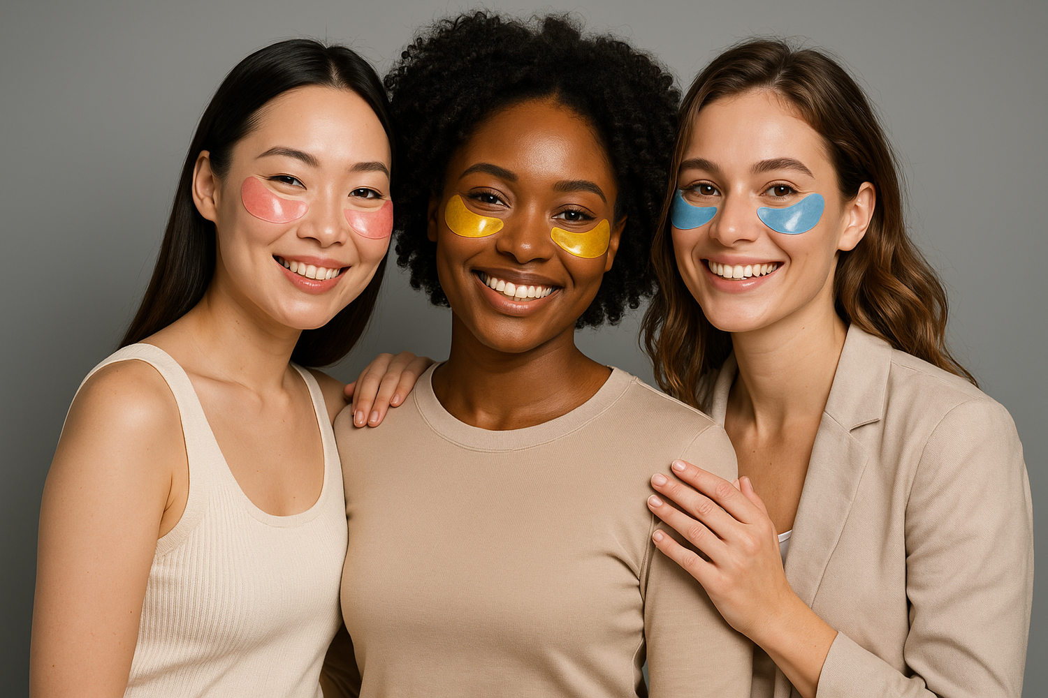 Je veux que tu me génère une photo de mannequin de plusieurs origine différentes je veux que ça soit des femmes souriante , habiller sur fond gris portant des patch anti cernes rose transparent jaune transparent bleu transparent et bronze transparent je veux quelque chose de vraiment pro qu'il soit trois et qu'il ont l'air de grand copine