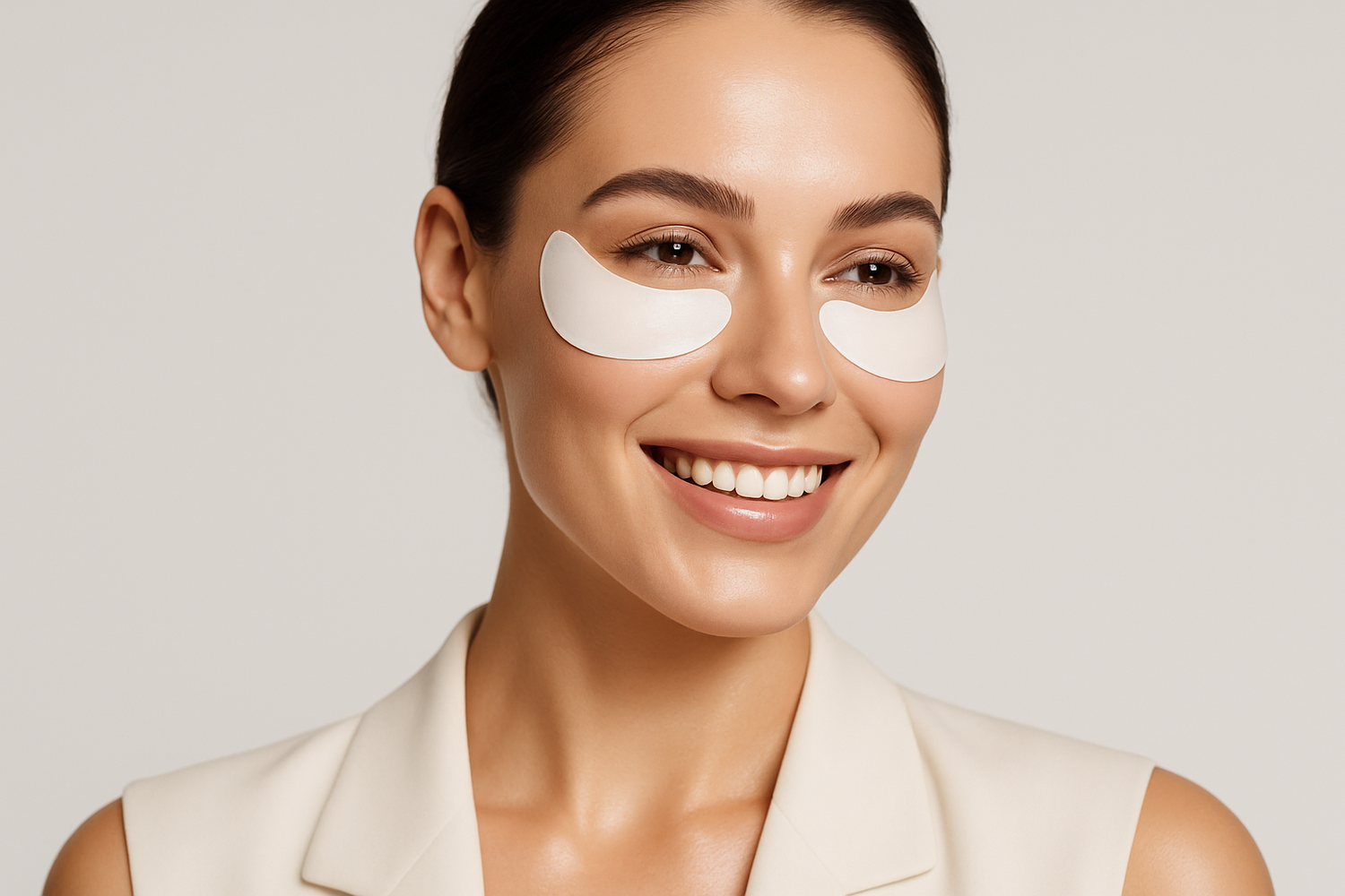 tu es un createur d'imge professionel expert en dropshipping, créé moi une photo de mannequin souriante habiller portant des patch anti-cernes pour un site de masque anti-cernes pour femme, mets en avant les produits, adopte une image pro convaincant et vendeur. Je veux que chaque test puisse pousser mon prospect vers l'achat