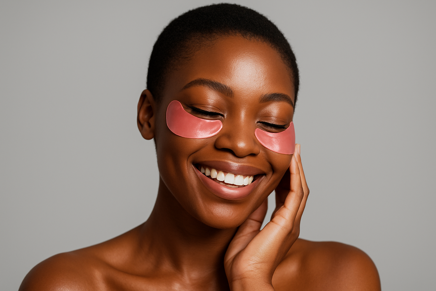 Tu est copywriter expert en dropshipping, créé moi une image complèete pour un site de masque anti-cernes pour femme, mets en avant les bénéfices produits je veux que le mannequin est bonne mine souriante avec une belle pose sur fond gris portant des patch anti cernes rose et qu'elle soit typé africaine