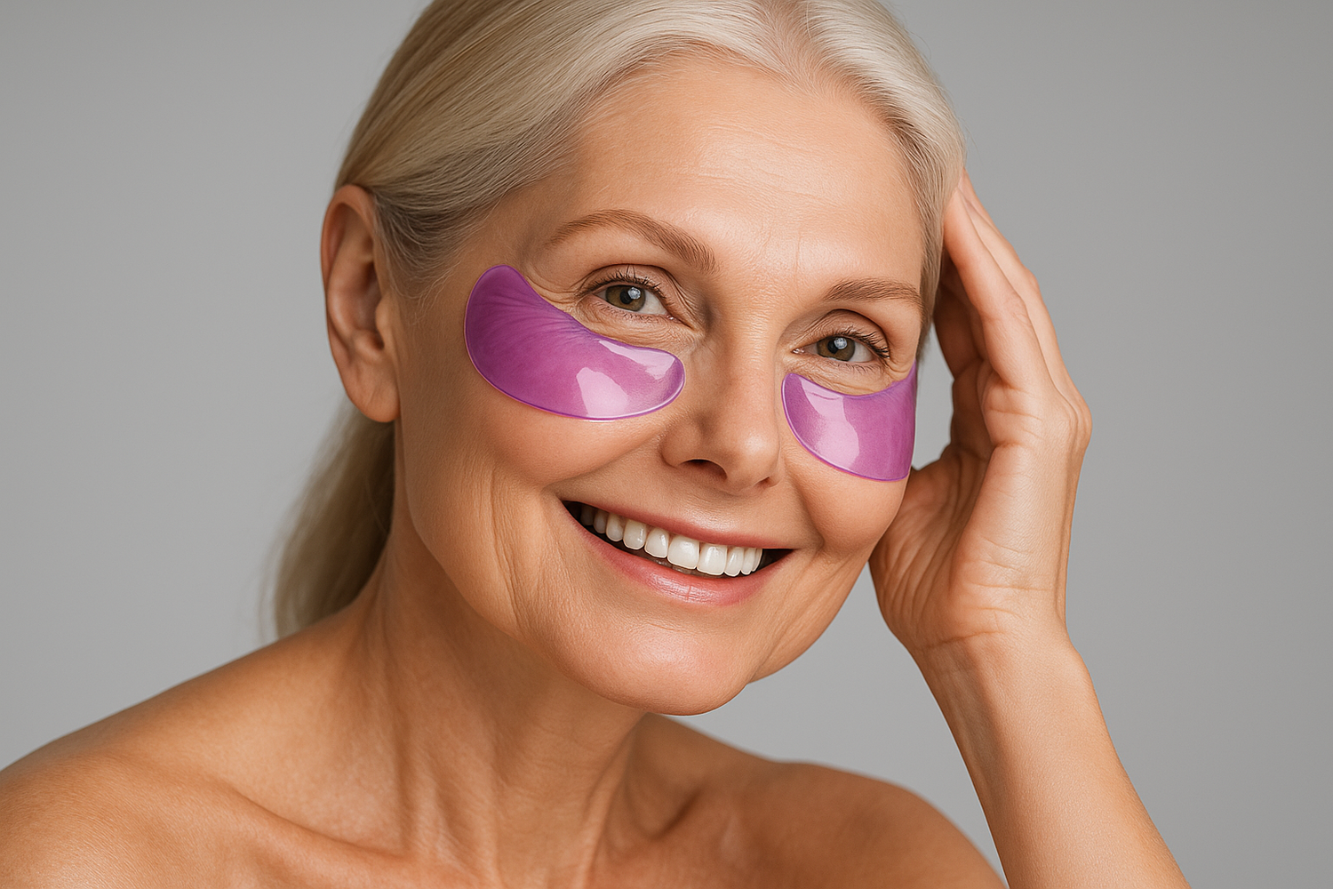 Tu est copywriter expert en dropshipping, créé moi une image complèete pour un site de masque anti-cernes pour femme, mets en avant les bénéfices produits je veux que le mannequin est bonne mine souriante avec une belle pose sur fond gris portant des patch anti cernes violet transparent et qu'elle soit agé et qu'elle ce tienne la tete avec la main gauche