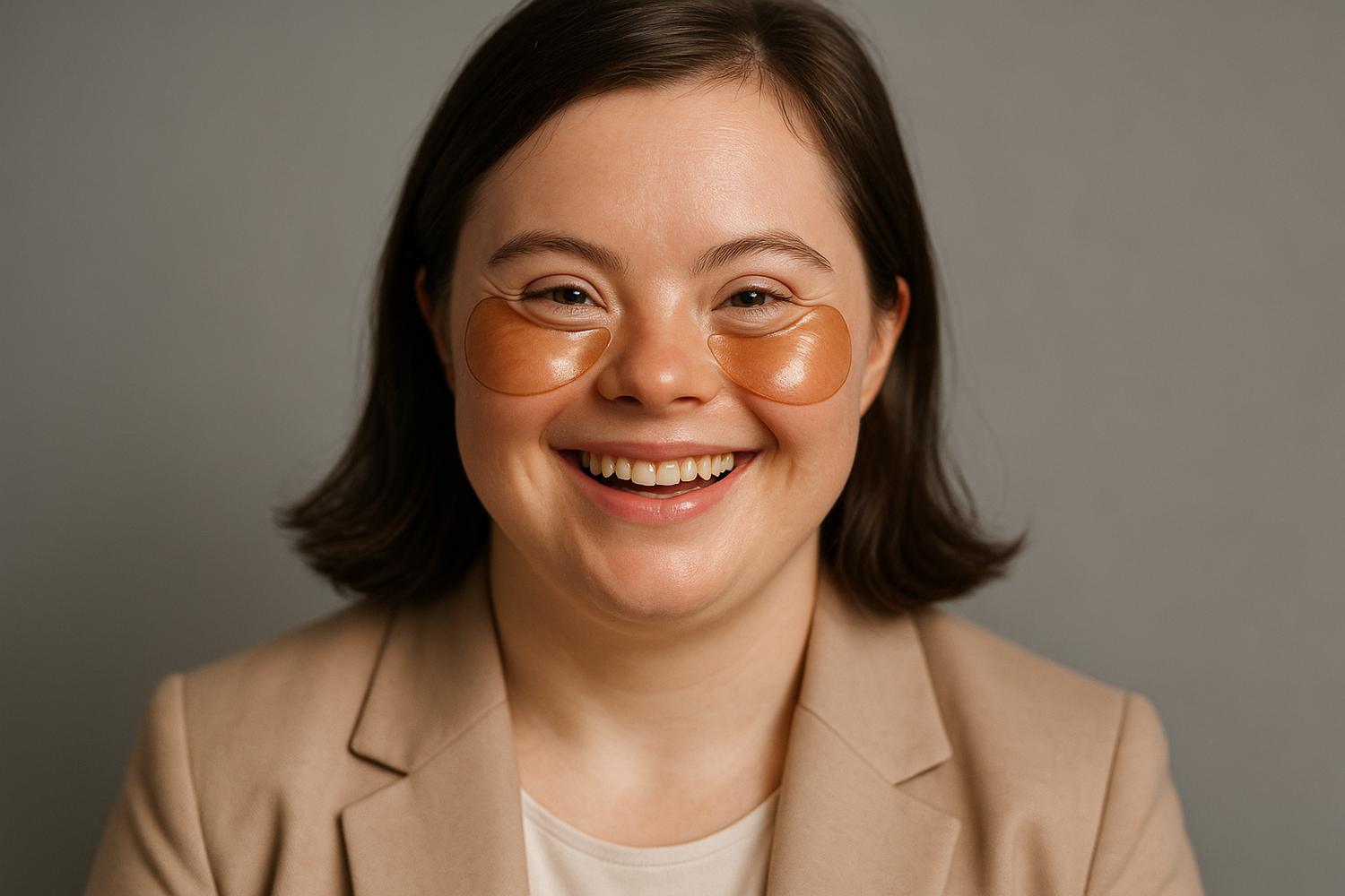 tu est copywriter expert en dropshipping, créé moi une image d'un mannequin portant des patch anti cernes bronze transparnt je veux qu'elle soit souriante habiller et une bonne mine , je veux que elle a une maladie trisomie 21 et que la photo soit sur fond gris 