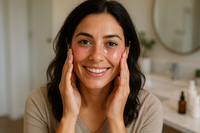 Tu est copywriter expert en dropshipping, créé moi une image pour un avis de masque anti-cernes pour femme, je veux que ma cliente est environ 32ans d'origine espagnole portant des patch anti cernes roses transparent que ça soit le plus réaliste d'une maison de madame tout le monde, Je veux que chaque test puisse pousser mon prospect à l'achat