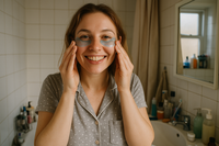 Tu est copywriter expert en dropshipping, créé moi une image pour un avis d'une cliente masque anti-cernes pour femme je veux que la cliente est environ 25ans portant des patch anti cernes bleu transparent en pyjama dans ça salle de bain désordonner. Je veux que chaque test puisse pousser mon prospect à l'achat