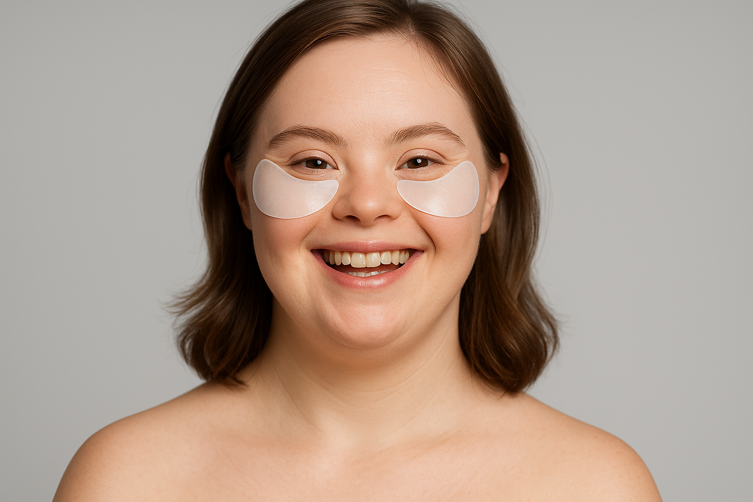 Tu est copywriter expert en dropshipping, créé moi une image pour un site de masque anti-cernes pour femme, Je veux que le mannequin soit souriant atteint de la maladie trisomie 21 portant des patch anti cernes blanc transparent je ne veux pas qu'on voit ces mains et je veux que la photo soit sur un fond gris  Je veux que chaque test puisse pousser mon prospect à l'achat