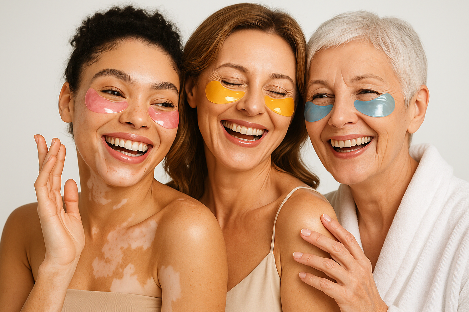 tu est copywriter expert en dropshipping, créé moi une image , pour un site de masque anti-cernes pour femme, mets en avant les mannequins portant des patch anti cerne rose transparent ajune transparent et bleu transparent je veux une jeune avec une maladie de pigmentation de peau une quarantenaire et une soixantenaire en train de s'amuser ensemble. Je veux que chaque test puisse pousser mon prospect à l'achat et je veux que ça plaise à toutes les gen